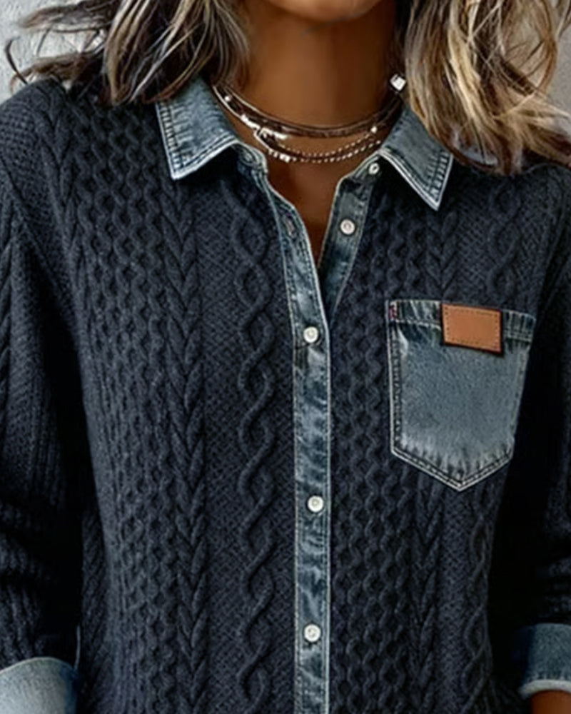 Long-Sleeve Shirt with Denim Patchwork