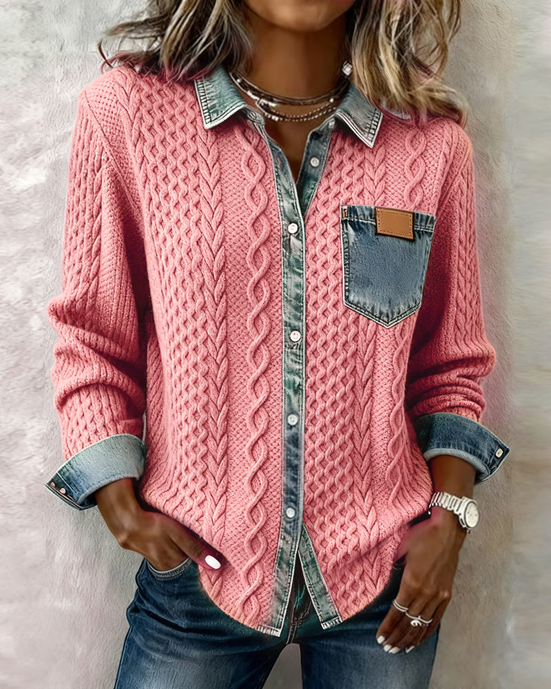 Long-Sleeve Shirt with Denim Patchwork
