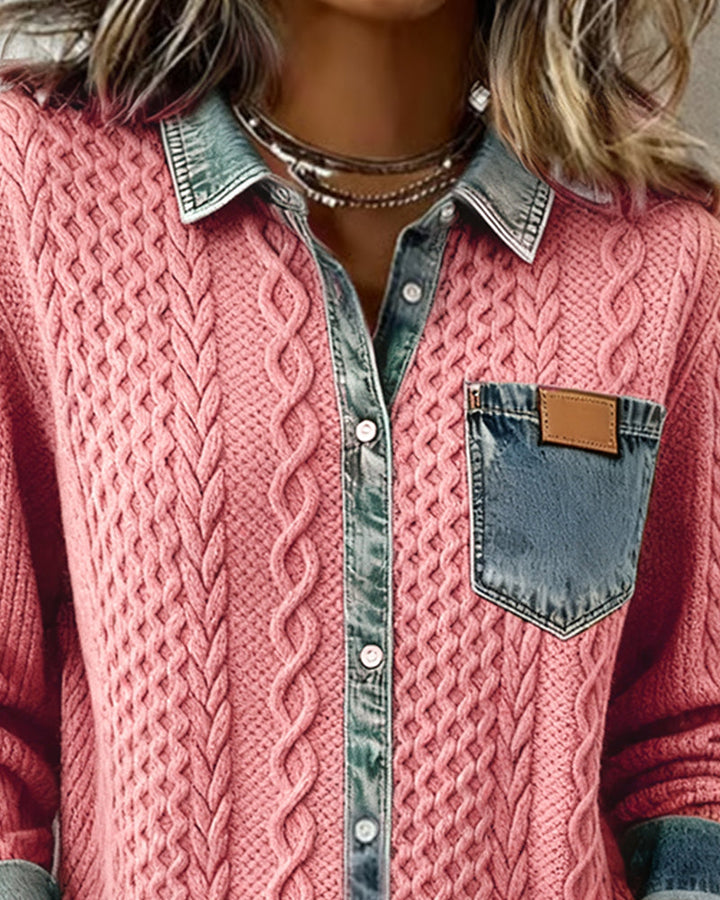 Long-Sleeve Shirt with Denim Patchwork