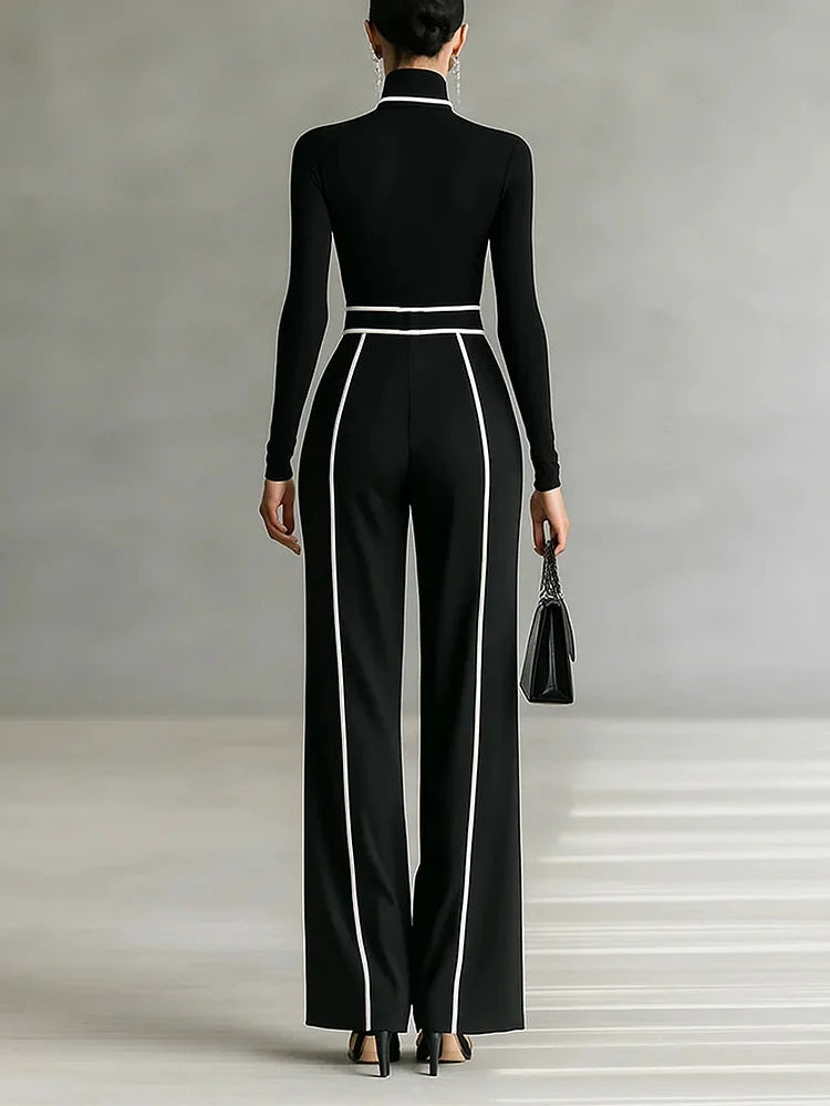 Long Sleeve High Neck Top Set with White Trim, Wide Leg Pants and Belt