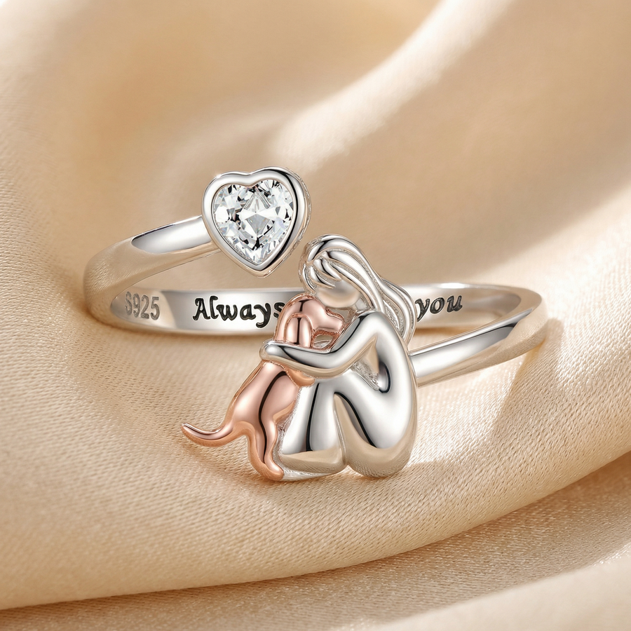 Adjustable Dog Ring in 925 Sterling Silver – “Always in My Heart” with Zirconia
