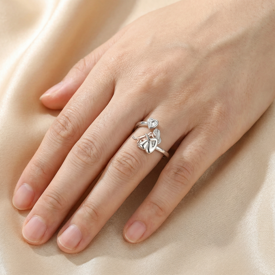 Adjustable Dog Ring in 925 Sterling Silver – “Always in My Heart” with Zirconia