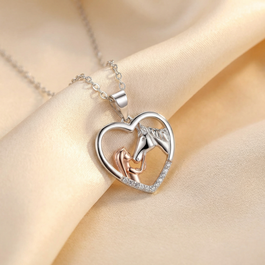 Beautiful Heart Zircon Girl and Horse Necklace