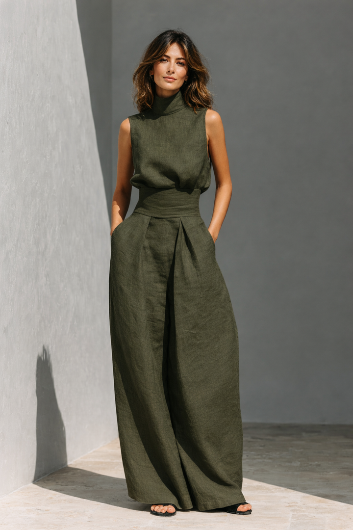 Maria - Complete set with tank top and wide-leg cotton and linen minimalist pants for women