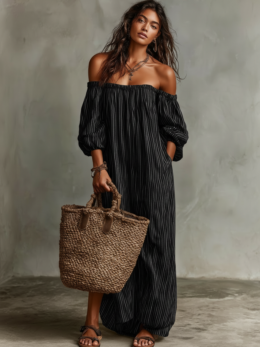 Maxi Dress in Cotton-Linen Off-shoulder Long Sleeve for Women