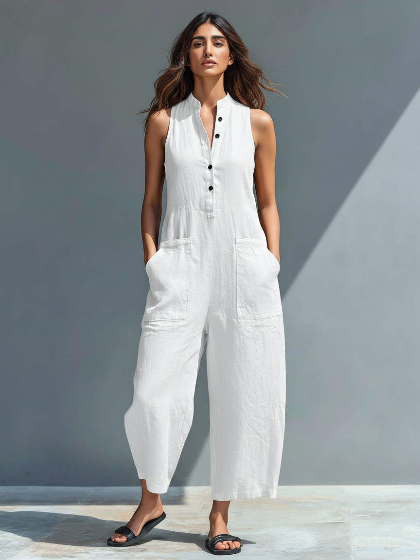 Sleeveless Linen Blend Overall with High Collar and Buttons for Women