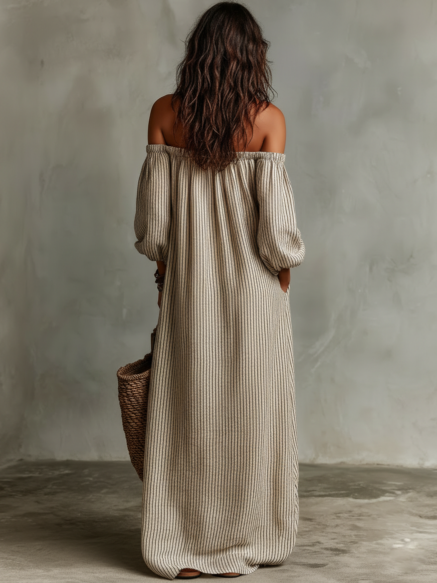 Maxi Dress in Cotton-Linen Off-shoulder Long Sleeve for Women