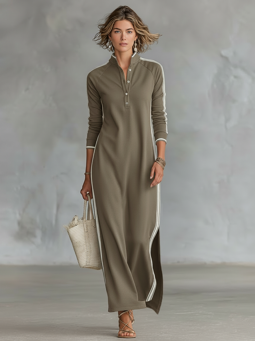 Maxi Sweat Dress for Women with Button-down Collar and White Trim