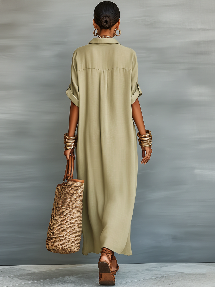 Women's Minimalist Linen Maxi Dress with Short Sleeves