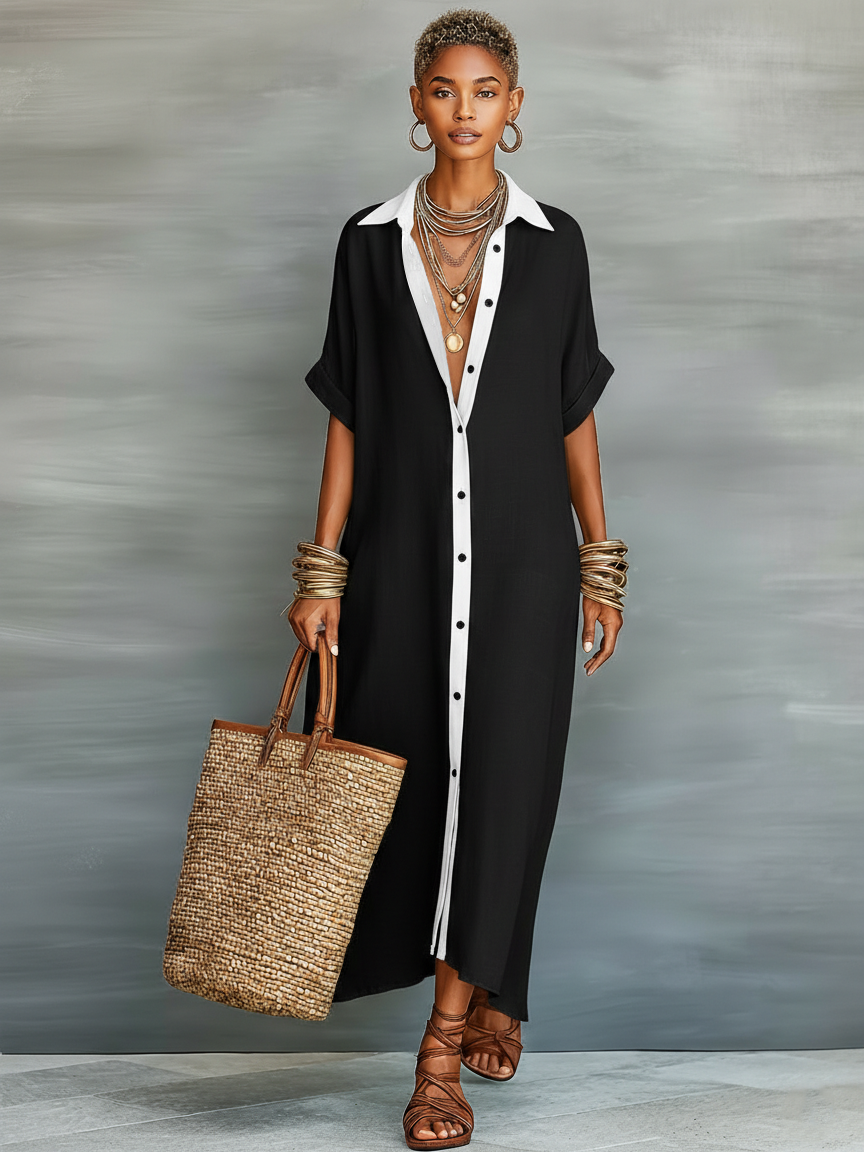 Women's Minimalist Linen Maxi Dress with Short Sleeves