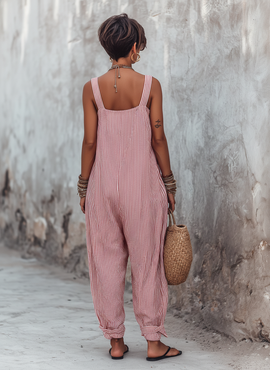 Sleeveless square neck jumpsuit with minimalist stripes and soft cut for women