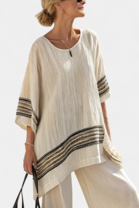 Mariella — Elegant Linen Top with Black Stripes and Flowing Trousers