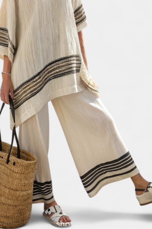 Mariella — Elegant Linen Top with Black Stripes and Flowing Trousers