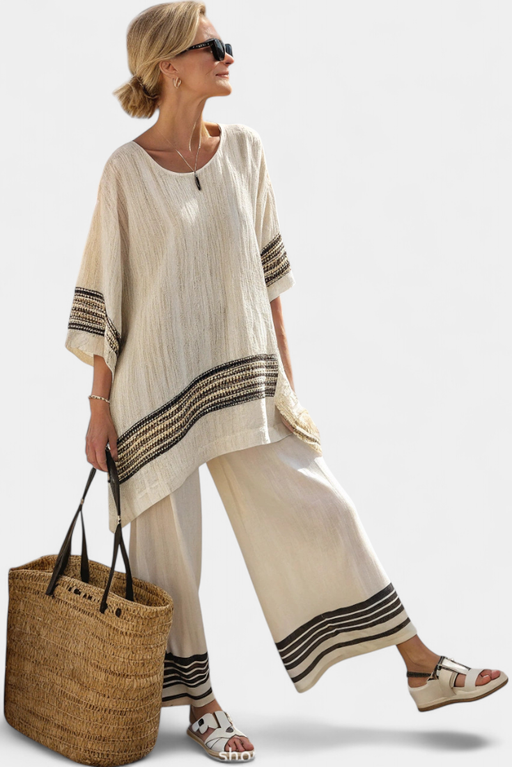 Mariella — Elegant Linen Top with Black Stripes and Flowing Trousers