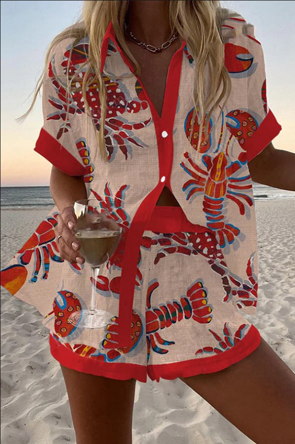 Daphira - Short Linen Set with Lobster Print