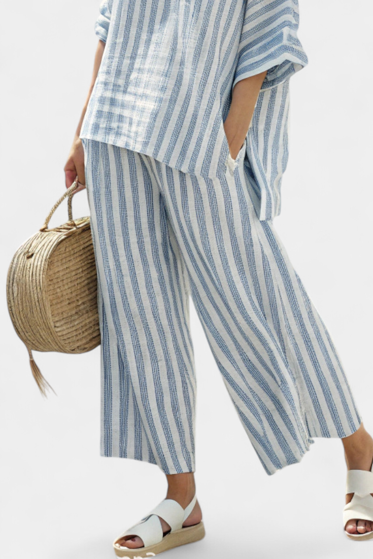 Federica — Sophisticated Linen Top with Blue Stripes and Casual Trousers