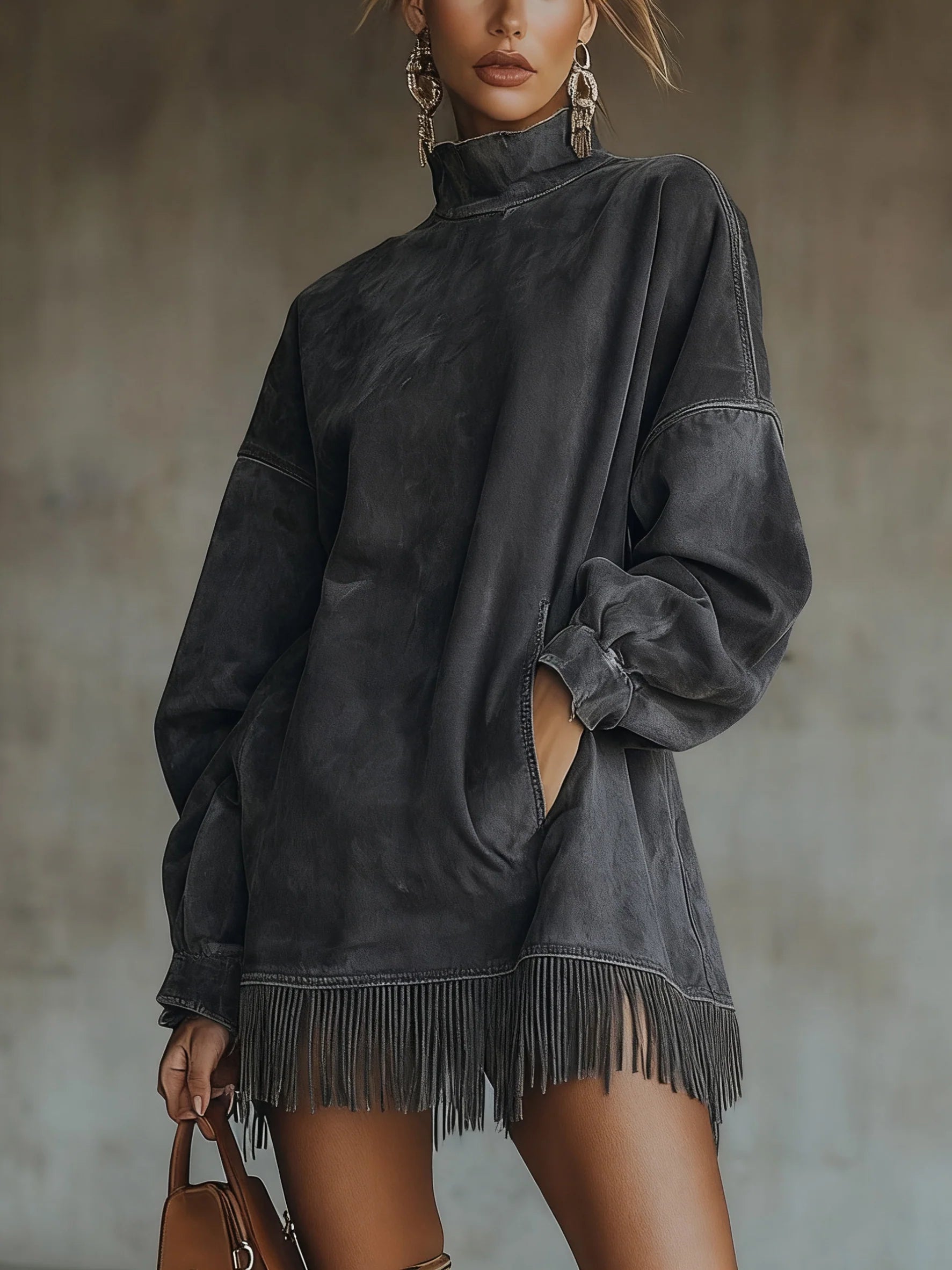 Women's Solid Suede Fringe Dress