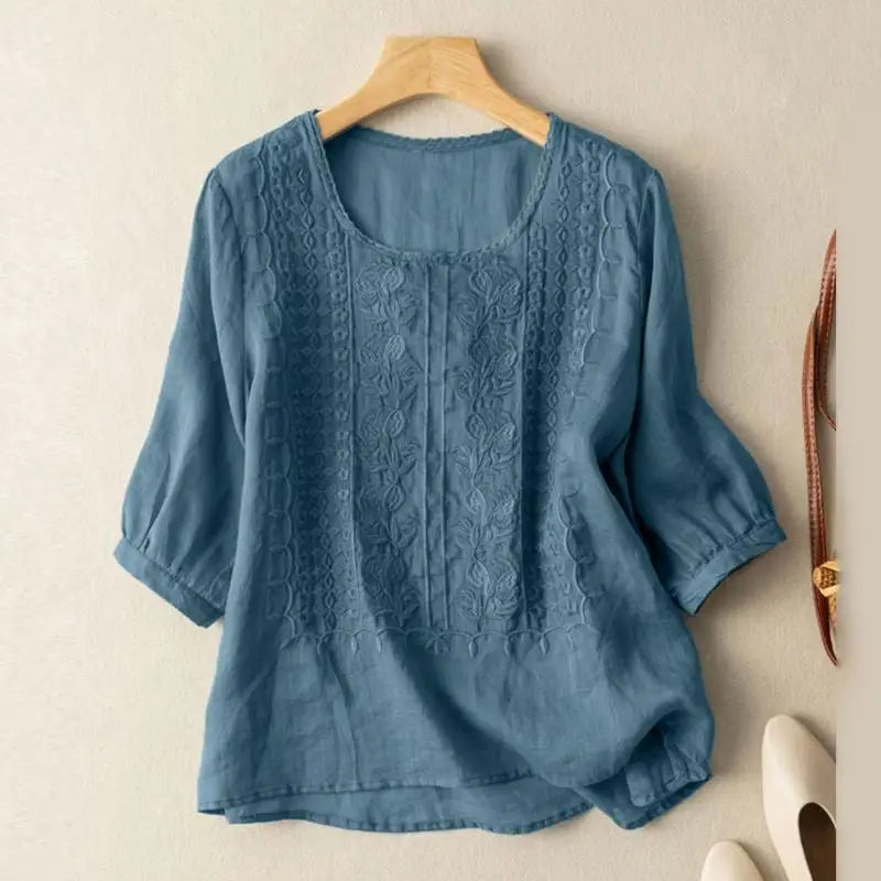 Aurora – Embroidered Relaxed Blouse (Cotton & Linen)