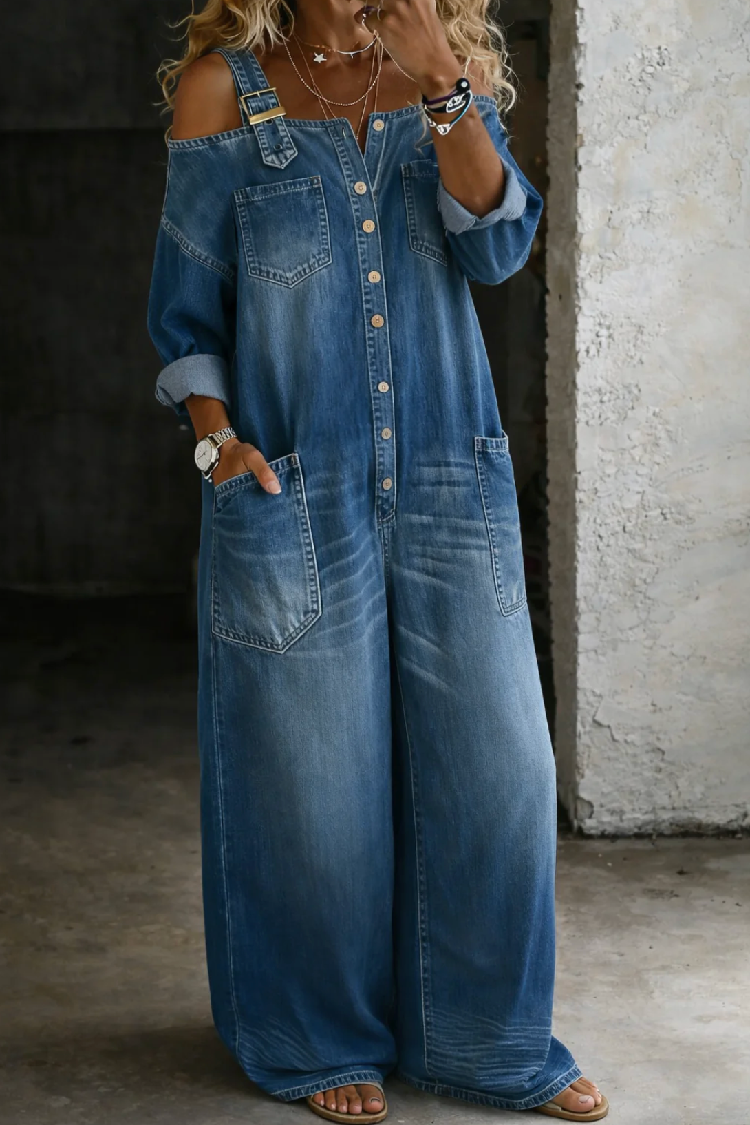 Stephanie | Off Shoulder Denim Shirt Jumpsuit