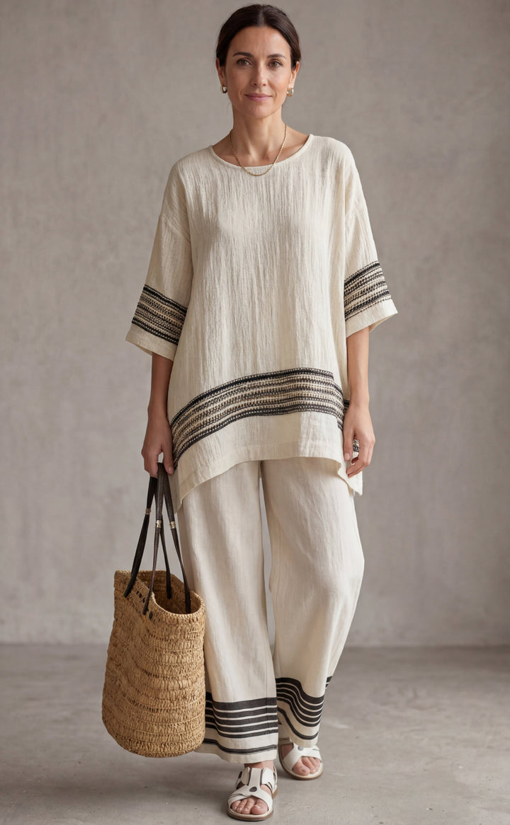 Mariella — Elegant Linen Top with Black Stripes and Flowing Trousers