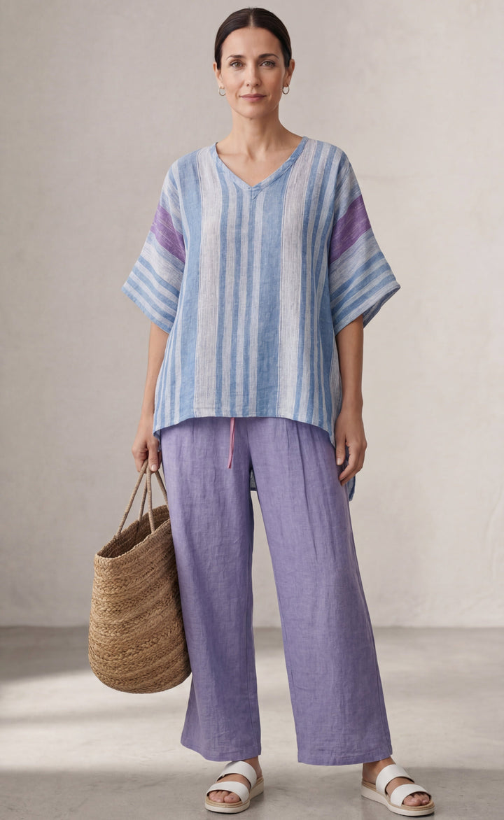 Carlotta – Elegant Top in Lavender and Sky Blue with Linen Trousers