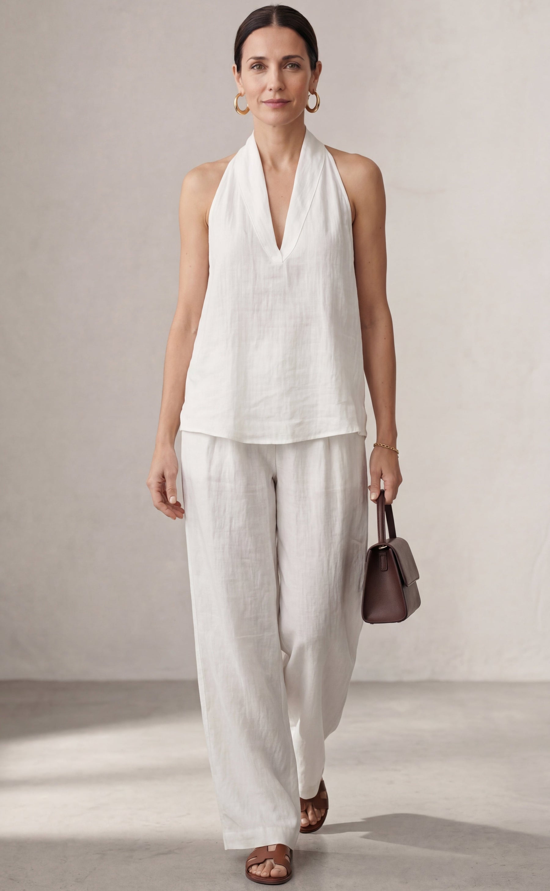 Linen Suit with V-Neck and Flowing Trousers