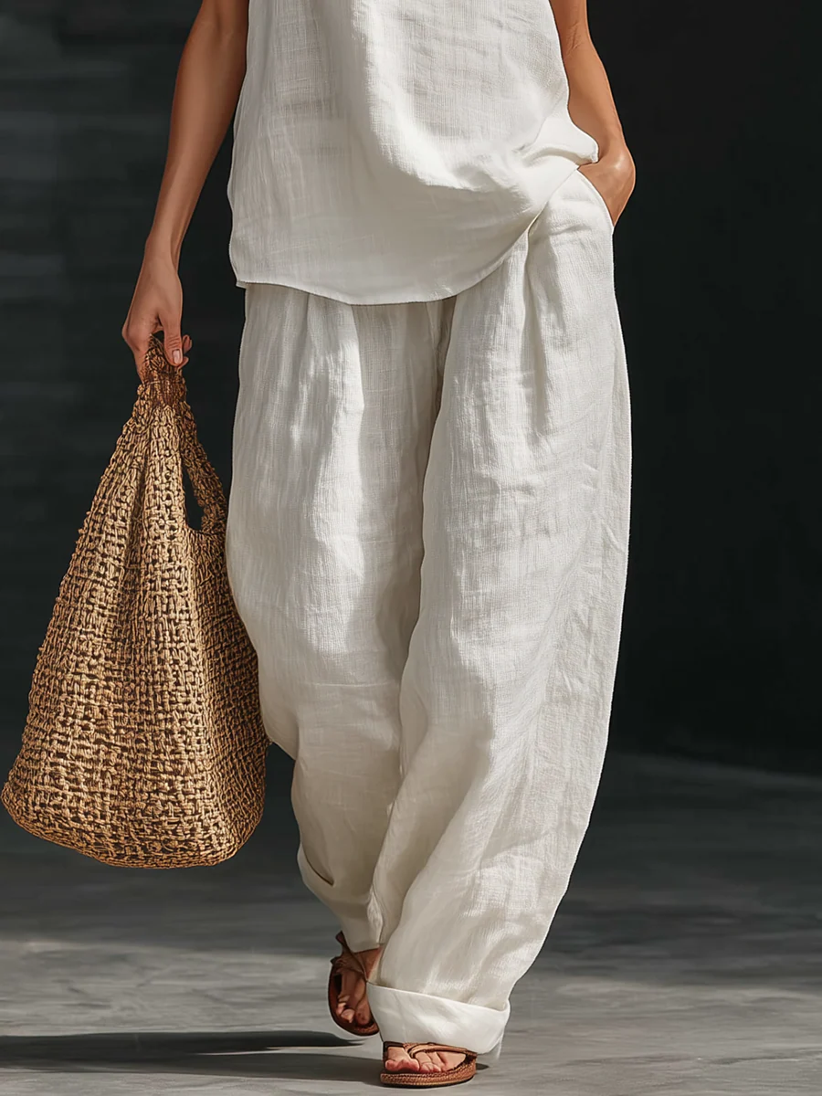 Linen Suit with V-Neck and Flowing Trousers