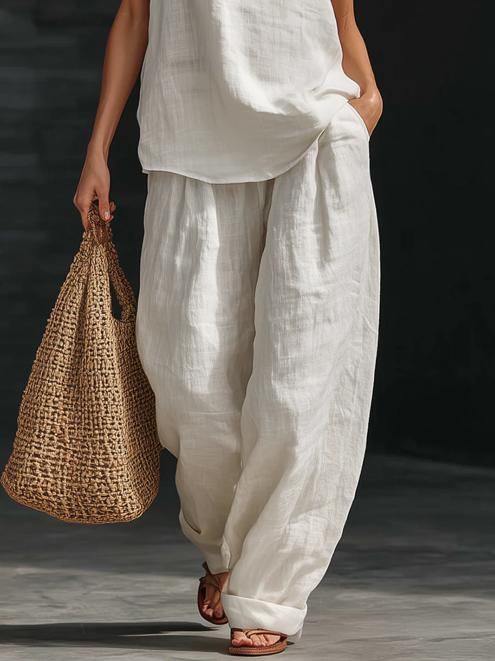 Linen Suit with V-Neck and Flowing Trousers