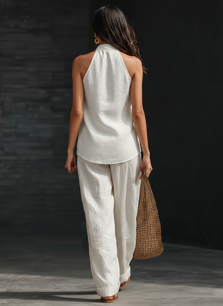 Linen Suit with V-Neck and Flowing Trousers
