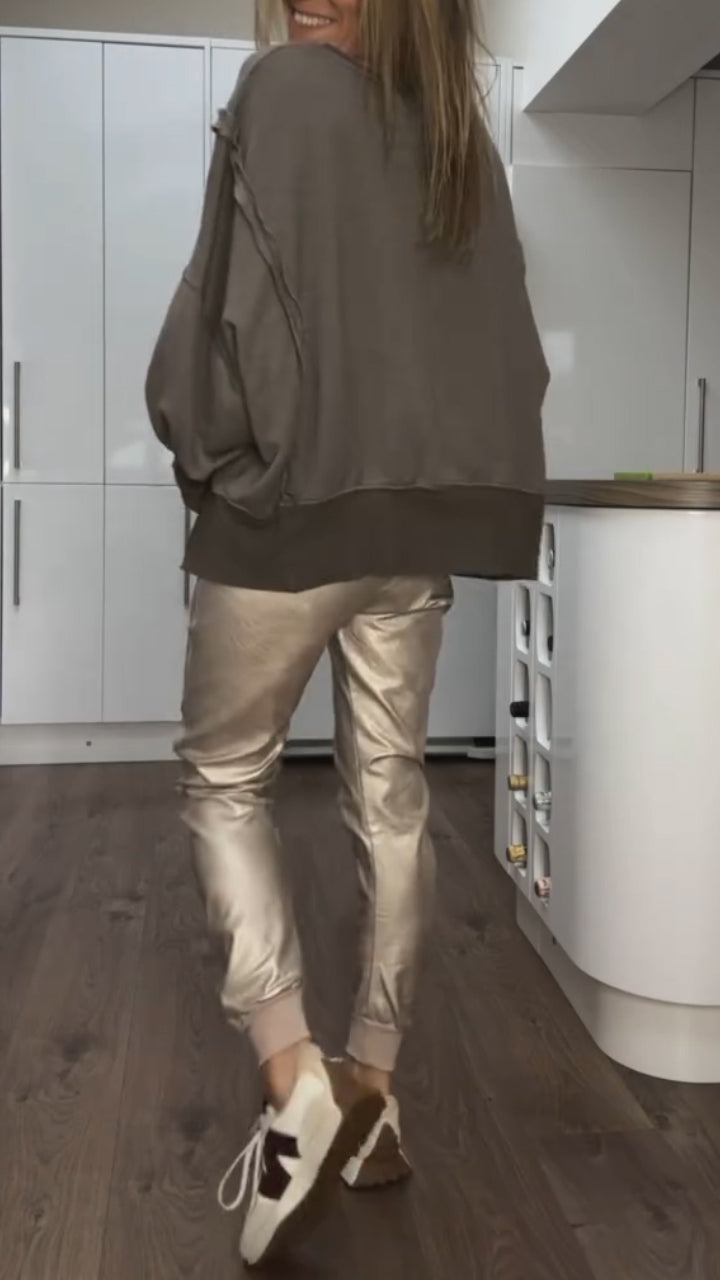 Set Top Casual with Round Neck for Women + Faux Leather Pants