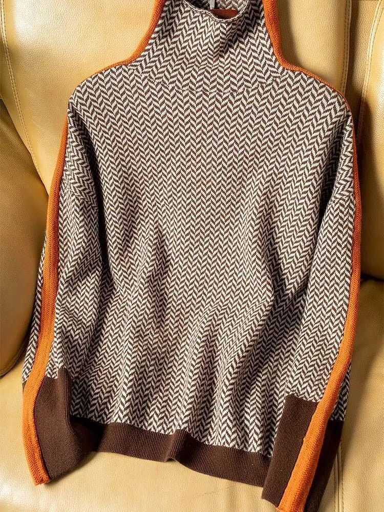 JANELLE – HERRINGBONE HIGH-NECK SWEATER