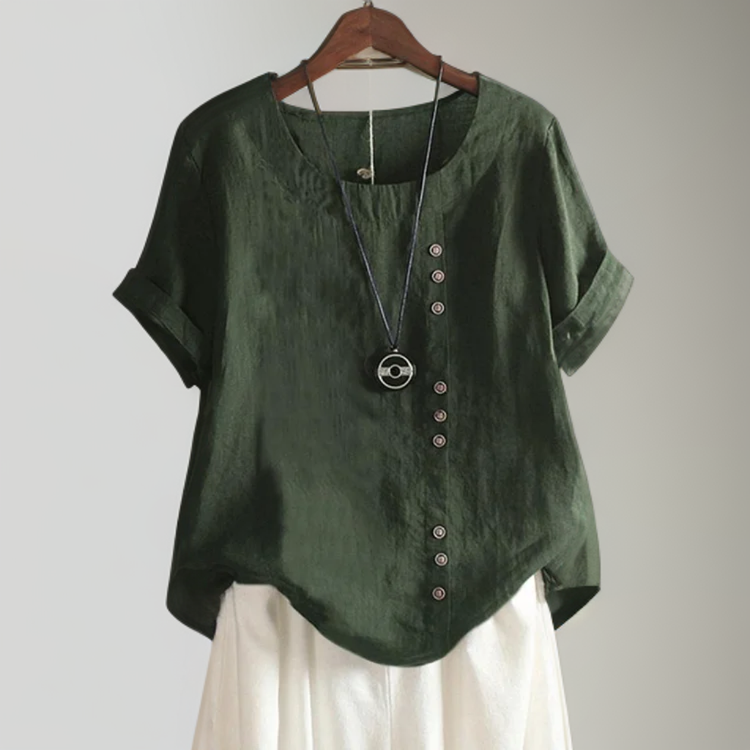 Joline┃T-shirt with Round Neck and Buttons