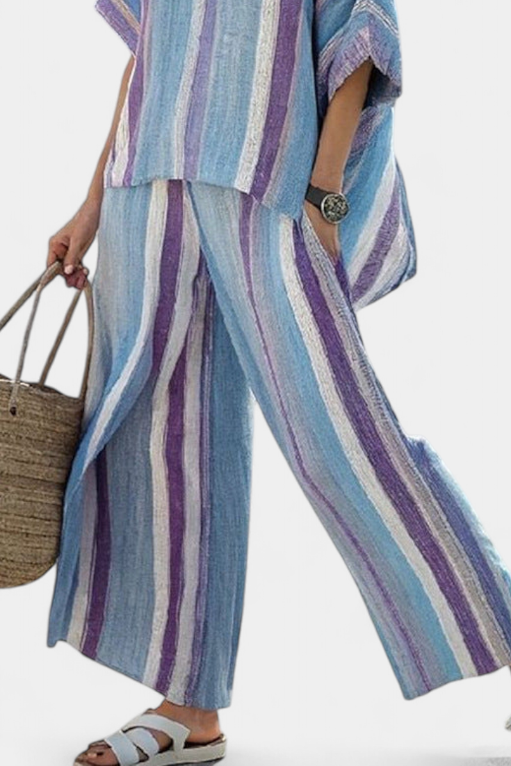 Ginevra — Elegant top in pastel mauve and striped linen trousers