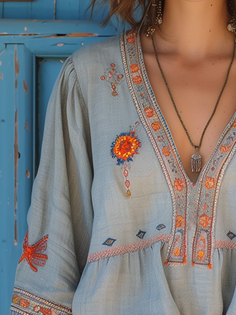 MADELINE – BOHO EMBROIDERED FLOWY BLOUSE