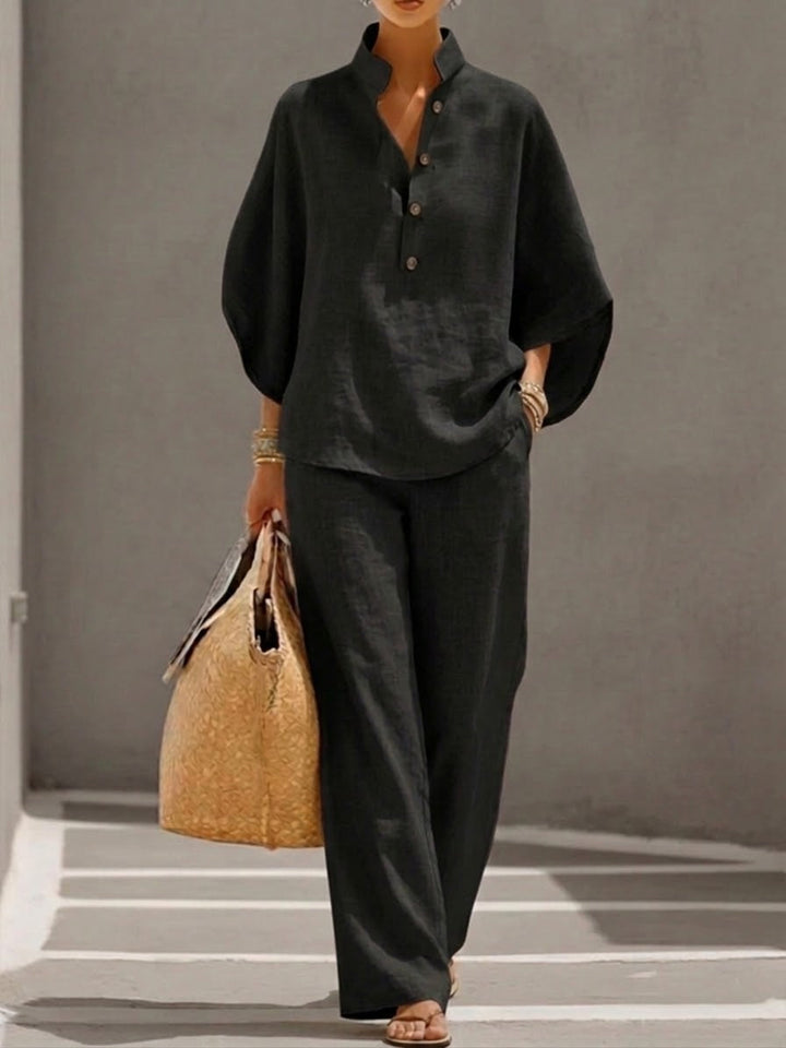 Mariel | Two-Piece Linen Effect Set with Batwing Sleeves and Flowing Trousers