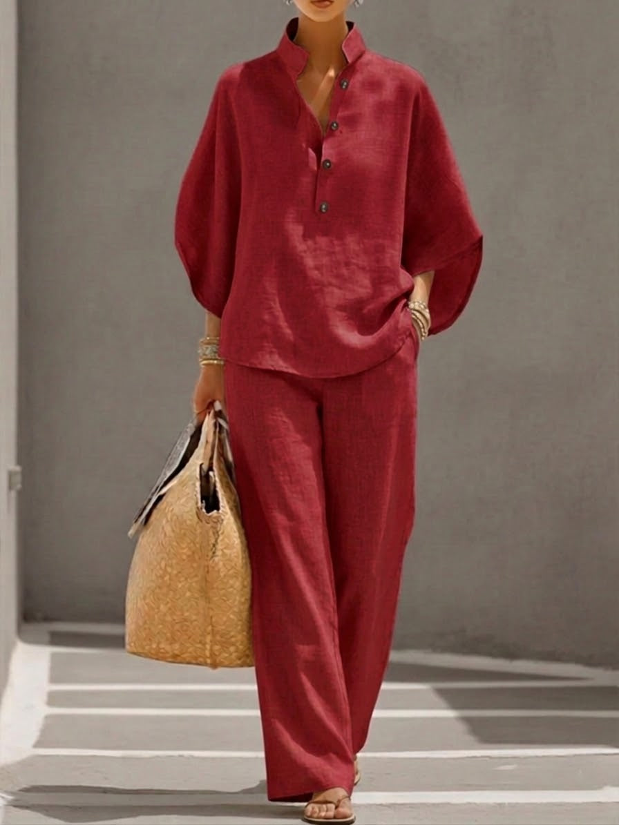 Mariel | Two-Piece Linen Effect Set with Batwing Sleeves and Flowing Trousers
