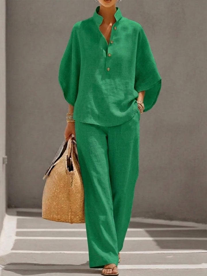 Mariel | Two-Piece Linen Effect Set with Batwing Sleeves and Flowing Trousers